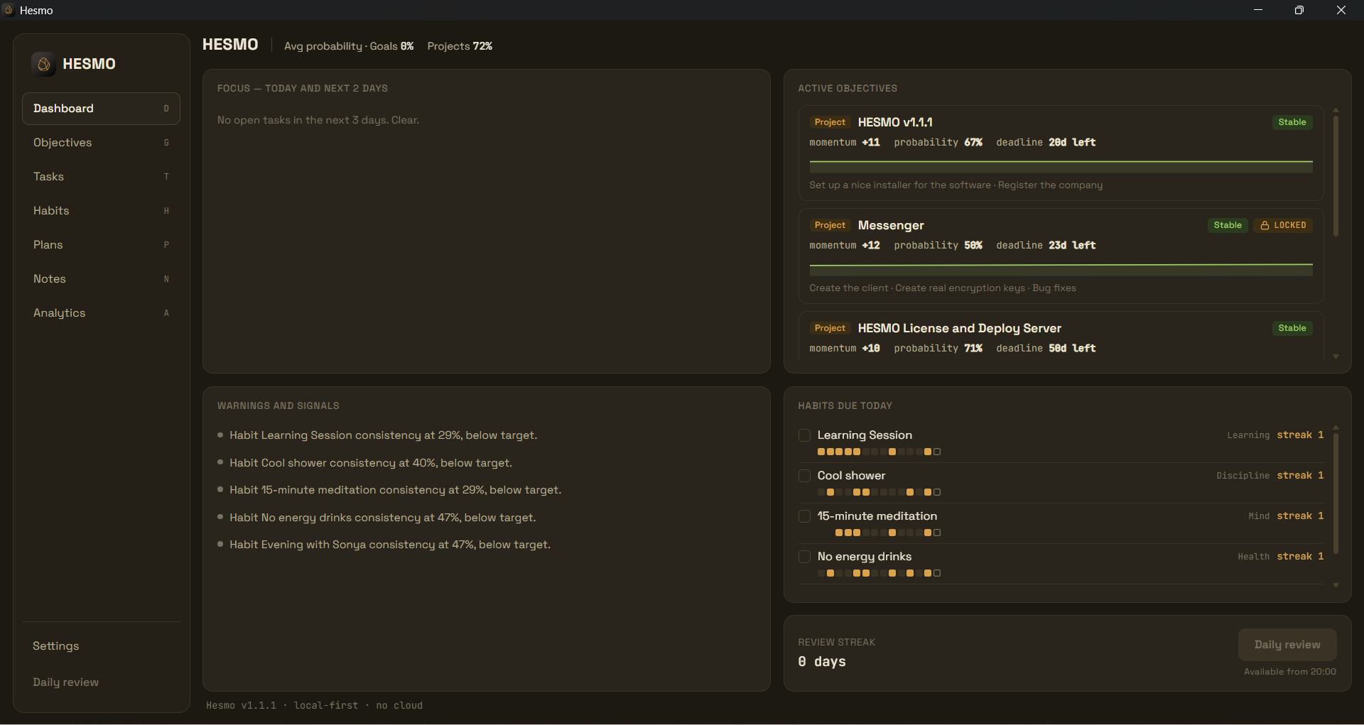 Hesmo dashboard with today's focus, active objectives, habits and daily review